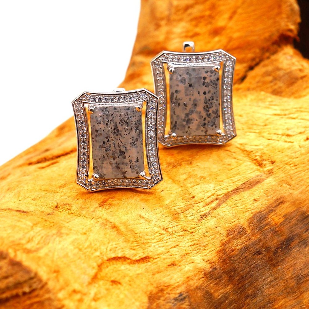 Yttrium Black Speckled Gray Jade Rectangle Stud Silver Designer Earrings
